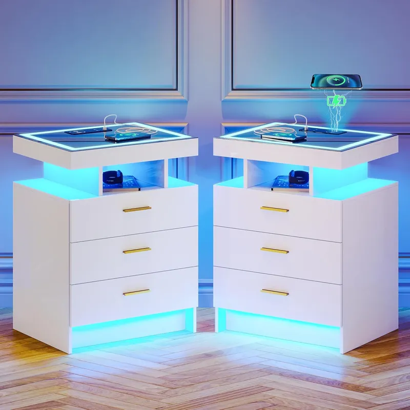 Lvifur 2 Set LED Nightstands with Wireless Charger Station and Auto Sensor