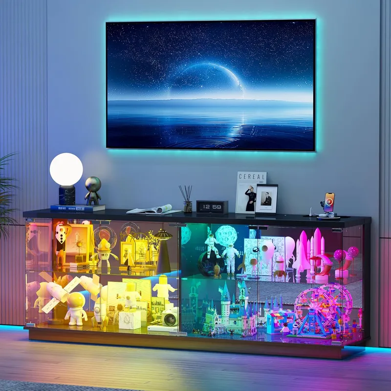 Lvifur 59Inch W Large Display Cabinet with Glass Doors and Sensor RGB Lights