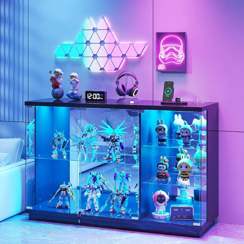 Lvifur High Gloss Glass Display Cabinet with LED Light for Toys